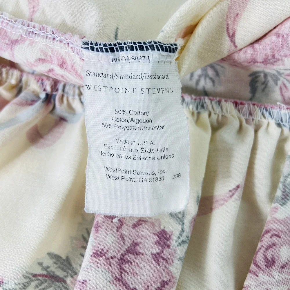 Vintage Stevens Full Flat Sheet Cases Pink Floral Roses Blue Ribbon Made in USA